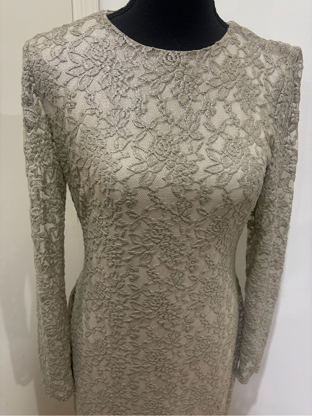 Ralph Lauren Long-Sleeve Lace Evening Gown in Champagne Silver - Picture 2 of 7